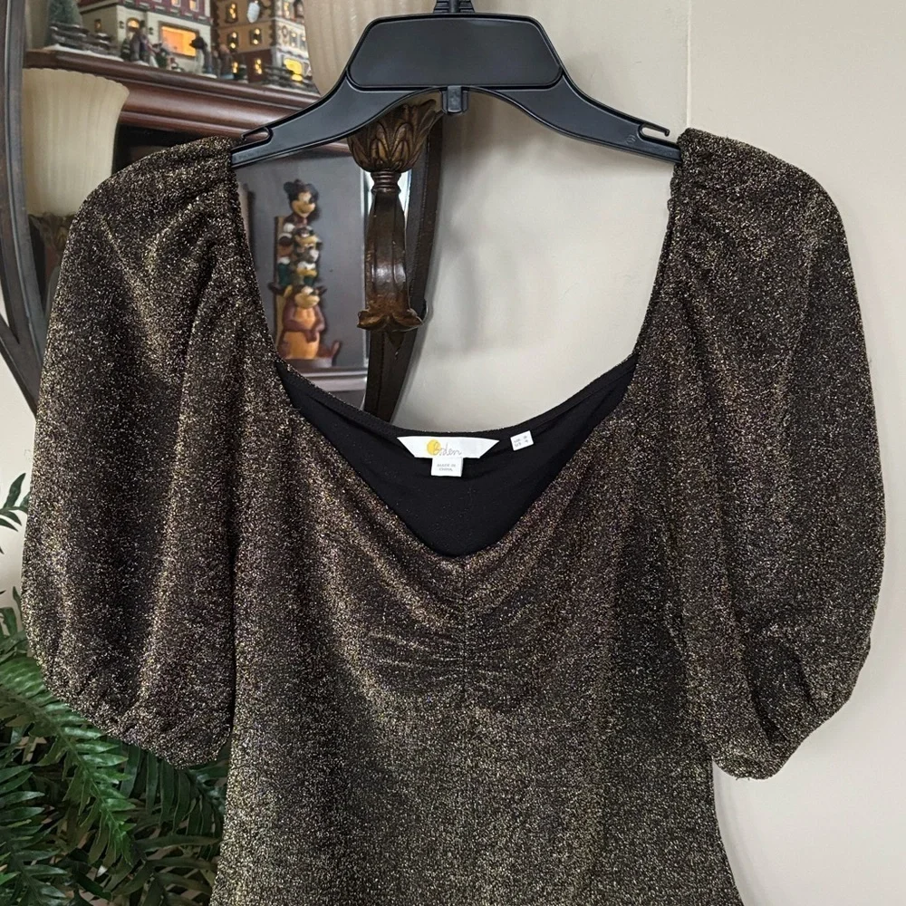 Boden Black Gold Metallic Sparkle Jersey Top Short Puff Sleeves Fitted Blouse
